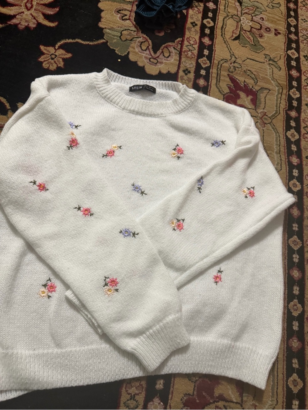 SHEIN White Crewneck Sweater with Pink & Lavender Floral Embroidery